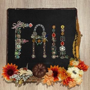 Fall decor, Handcrafted wall art, vintage jewelry collage, Thanksgiving decor.